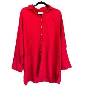 Susan Graver Womens Button Up Tunic Top Large Linen Cotton Red Lagenlook Pockets